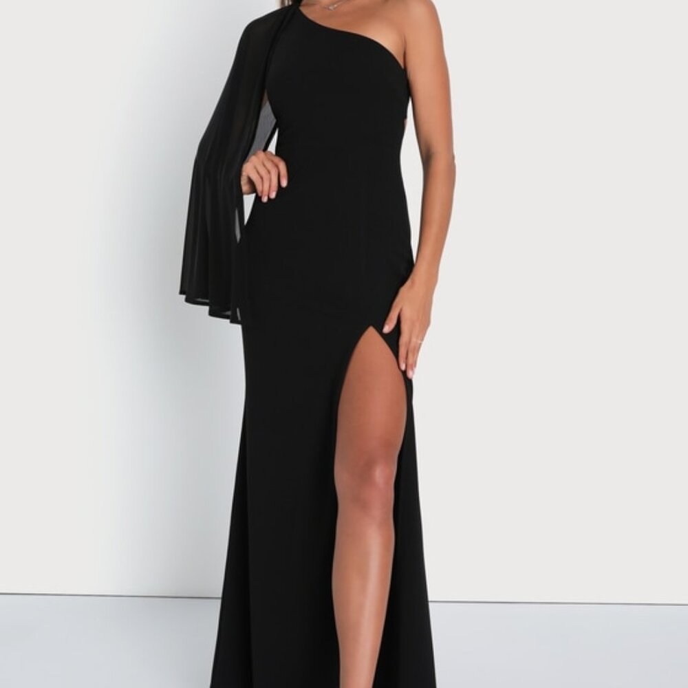Lulus Majestic Attitude Black Cape Sleeve One-shoulder Maxi Dress - Size S